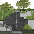 Garden Feature With Waterfall Stone Steps Lush Greenery And Modern Buildings