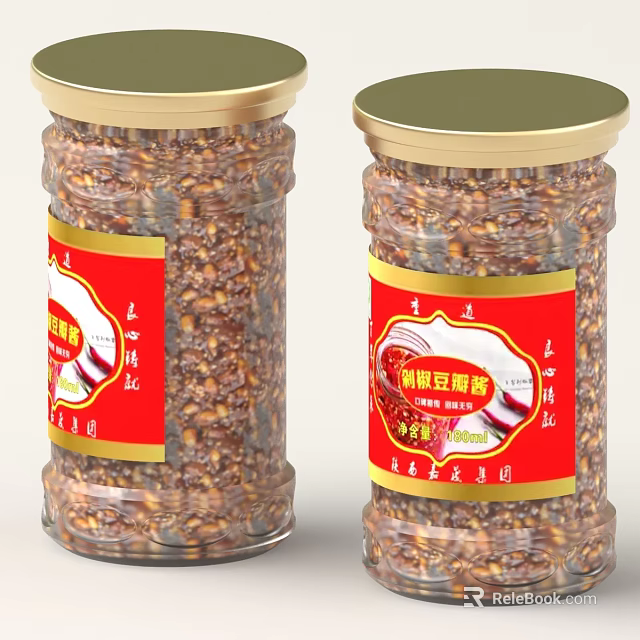 Two Jars of Refined Soybean Paste With Red Labels and Gold Lids 3d model 