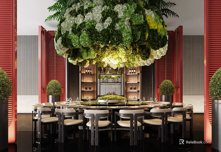 Elegant Private Dining Room With Hanging Floral Chandelier Round Table Red Walls And Potted Plants 3d model 