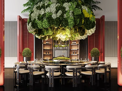 Elegant Private Dining Room With Hanging Floral Chandelier Round Table Red Walls And Potted Plants 3d model