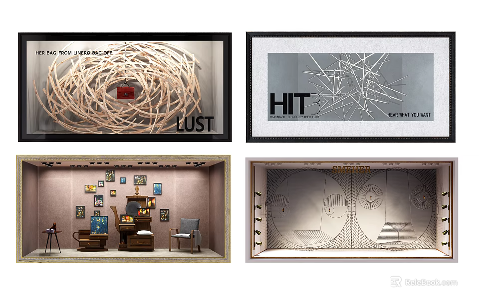 Creative Window Display Design With Wooden Lines Abstract Patterns And Decorative Elements 3d model 