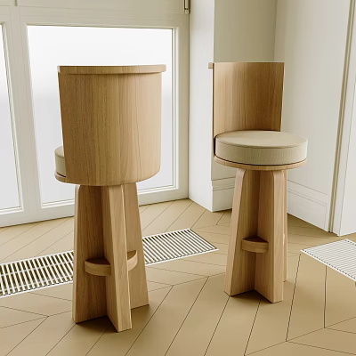 Wooden Bar Stools With Upholstered Seats In Minimalist Interior Design Setup 3d model