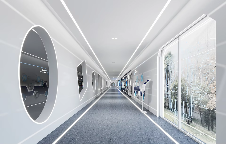 Modern Corridor Design With White Walls Circular Windows And Glass Curtain Walls 3d model 