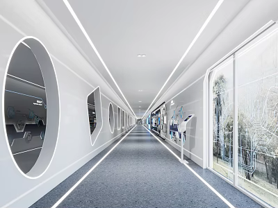 Modern Corridor Design With White Walls Circular Windows And Glass Curtain Walls 3d model
