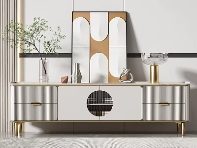 Elegant Modern TV Stand Design With White Cabinet Gold Legs Circular Decor And Mirror 3d model