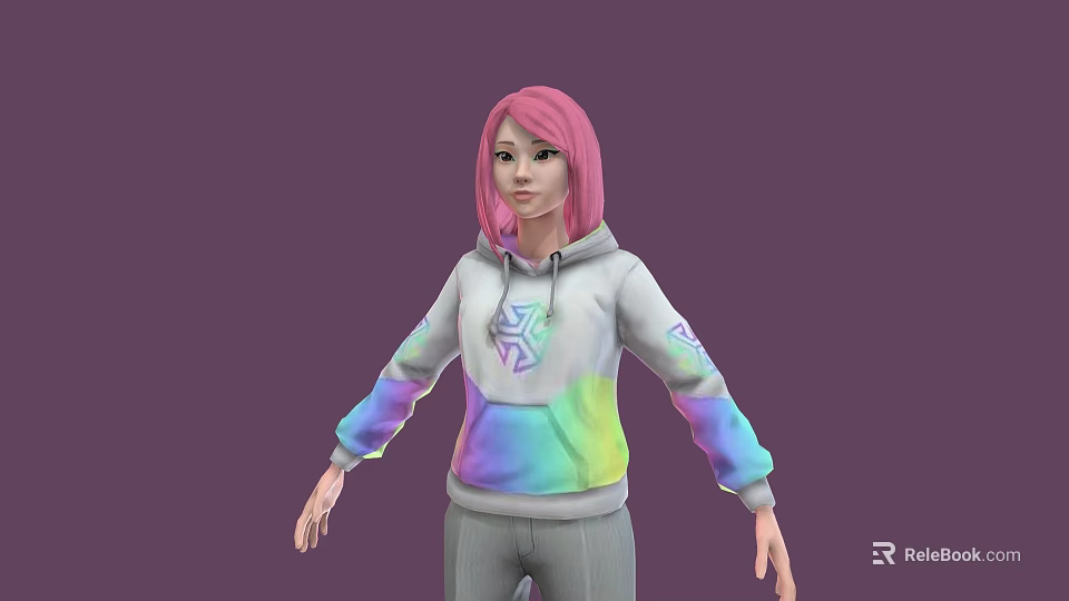 Game Movie Character With Pink Hair And Hoodie Featuring Colorful Gradient Sleeves And Star Pattern 3d model 