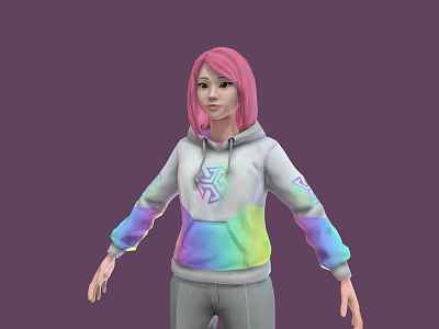 Game Movie Character With Pink Hair And Hoodie Featuring Colorful Gradient Sleeves And Star Pattern 3d model