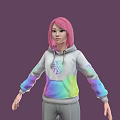 Game Movie Character With Pink Hair And Hoodie Featuring Colorful Gradient Sleeves And Star Pattern