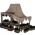 Bonsai Potted Plants at Canvas Canopy Stall with Wooden Boxes Baskets Green Plants Hanging Decorations