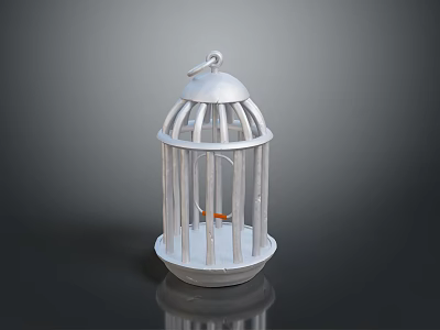 White Metal Birdcage With Orange Bird And Reflective Base On Dark Background 3d model