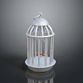 White Metal Birdcage With Orange Bird And Reflective Base On Dark Background