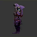 Muscular Game Movie Character With Purple Skin Shark Head Sharp Fangs Blue Orange Armor
