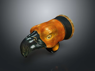 Orange And Black Bird Head Sculpture With Golden Eyes And Glossy Black Beak Design 3d model