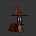 Vintage Bird in Ornate Birdcage on Wooden Table with Broom and Leather Briefcase