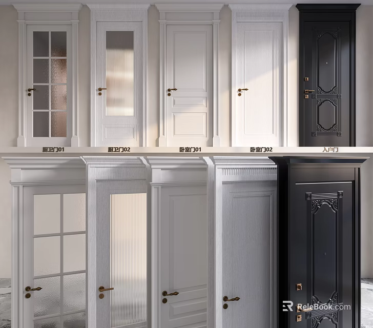 Hinged Doors with Various Designs White Gray Black Colors Glass Panels and Paneled Patterns 3d model 