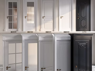Hinged Doors with Various Designs White Gray Black Colors Glass Panels and Paneled Patterns 3d model