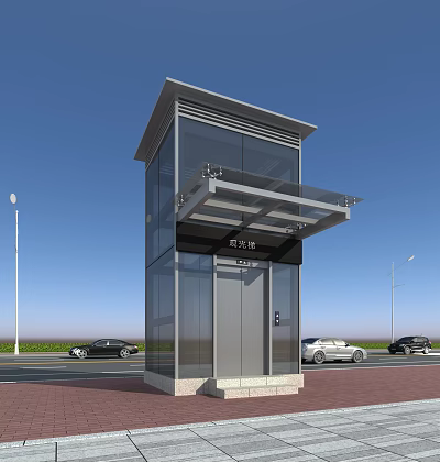 Modern Glass Elevator Outdoor Structure With Street Side Vehicles Lamps And Clear Sky 3d model