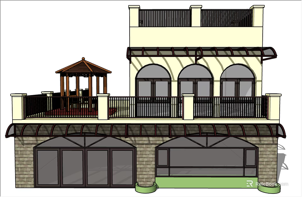 Two Story Detached Villa With Arched Windows Gazebo And Stone Walls 3d model 