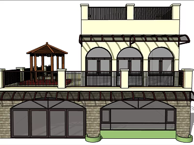 Two Story Detached Villa With Arched Windows Gazebo And Stone Walls 3d model