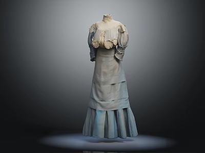 Vintage Style Long Dress With Ruffled Collar And Layered Skirt Design 3d model