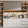 Modern Built in Wine Cabinet With Glass Doors Wine Bottles Glasses And Marble Countertop