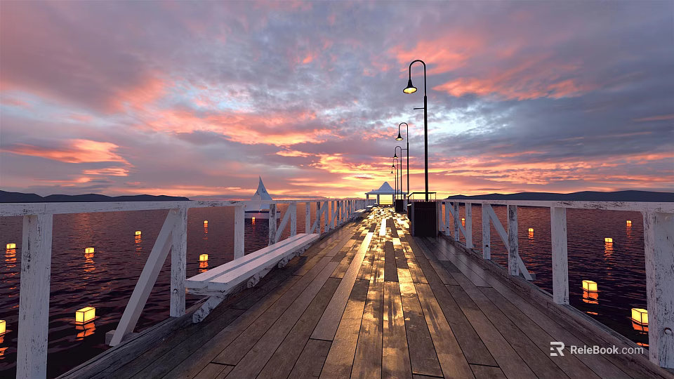 Scenic Road Infrastructure With Wooden Boardwalk Street Lamps Benches And Sunset Sky Reflections 3d model 