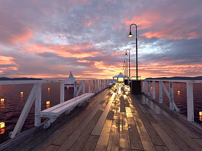 Scenic Road Infrastructure With Wooden Boardwalk Street Lamps Benches And Sunset Sky Reflections 3d model