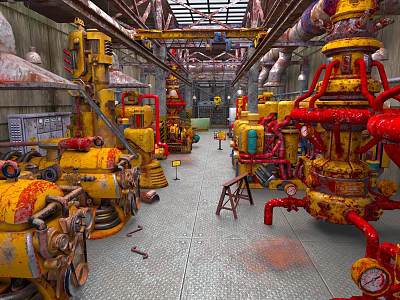 Industrial Factory Interior With Yellow Red Machinery Pipes And Mechanical Equipment 3d model
