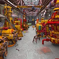 Industrial Factory Interior With Yellow Red Machinery Pipes And Mechanical Equipment
