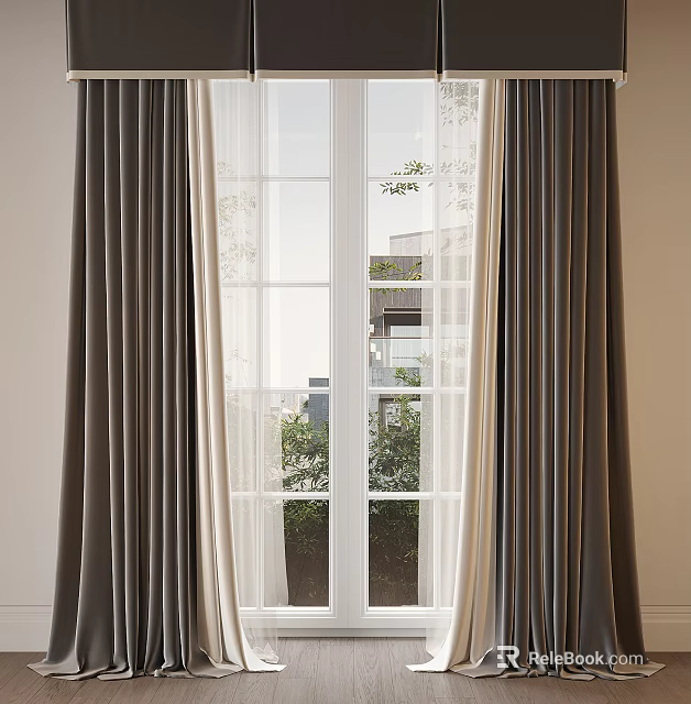 Elegant Modern Gray Beige Curtains With Sheer Layer By Window And Greenery View 3d model 