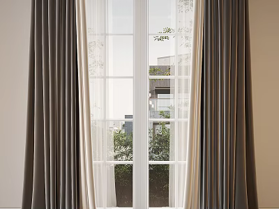 Elegant Modern Gray Beige Curtains With Sheer Layer By Window And Greenery View 3d model