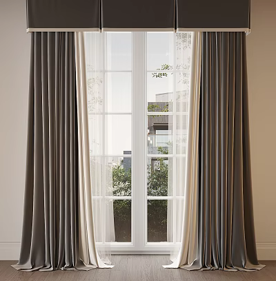 Elegant Modern Gray Beige Curtains With Sheer Layer By Window And Greenery View 3d model