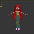 3D Cartoon Character With Red Hair Blue Top Blue Flared Pants And White Shoes