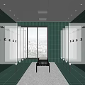 Public Restroom Interior Featuring Green Tiles Glass Partitions Bench And Large Windows With City View