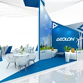 AEOLON Exhibition Booth In Blue And White Design With Tables Chairs Plants And Wind Turbine