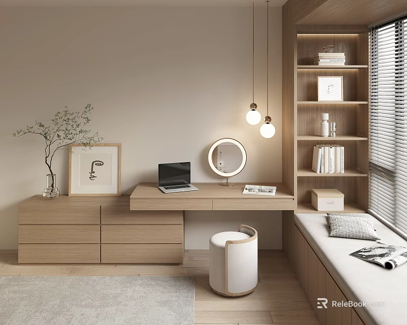 Cozy Window Seat Nook With Wooden Desk Laptop Round Mirror And Bookshelf 3d model 