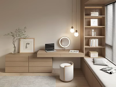 Cozy Window Seat Nook With Wooden Desk Laptop Round Mirror And Bookshelf 3d model