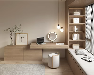 Cozy Window Seat Nook With Wooden Desk Laptop Round Mirror And Bookshelf 3d model