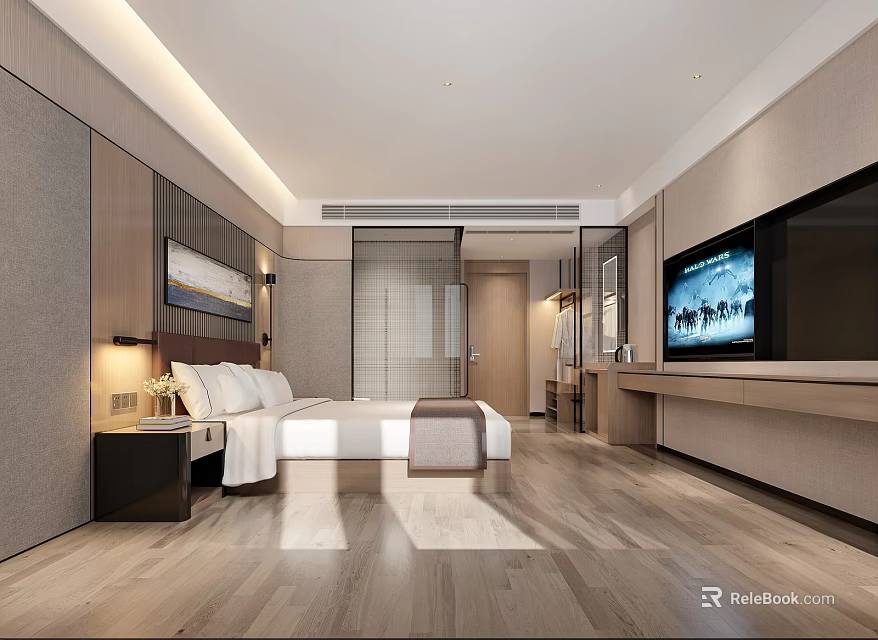 Modern Hotel Guest Room With King Bed Flat Screen TV And Wooden Flooring 3d model 