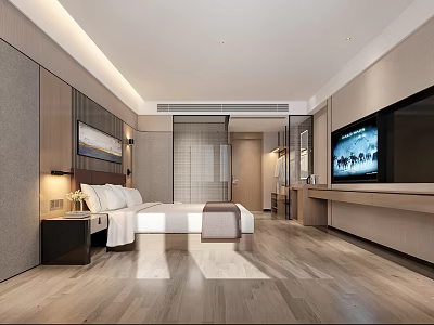 Modern Hotel Guest Room With King Bed Flat Screen TV And Wooden Flooring 3d model