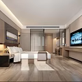 Modern Hotel Guest Room With King Bed Flat Screen TV And Wooden Flooring