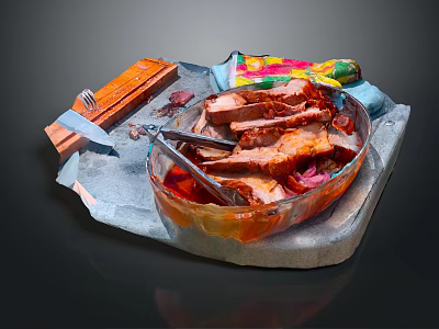 Sliced Roasted Meat In Transparent Bowl With Knife Fork And Colorful Cloth 3d model
