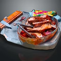 Sliced Roasted Meat In Transparent Bowl With Knife Fork And Colorful Cloth