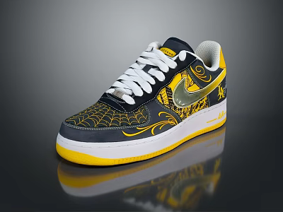 Nike Air Force 1 Navy Yellow White Spider Web Design Sneakers 3d model