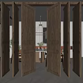 Modern Minimalist Interior Wooden Folding Doors Dining Area White Table Vase Chandelier