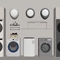 Modern Home Laundry Setup with Wall Mounted and Standalone Washing Machines and Storage Shelves