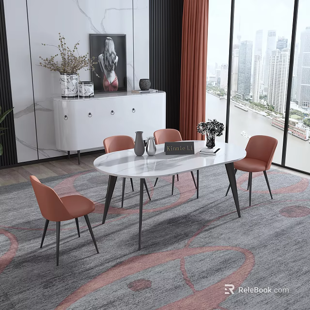 Modern Round White Dining Table Set With Orange Chairs And City View 3d model
