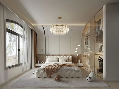 Modern Elegant Bedroom Interior With Crystal Chandelier White Tufted Bed Large Window And Curtains 3d model