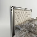 Elegant Double Bed With Silver Carved Headboard And Beige Tufted Design Gold Patterned Bedspread 3d model