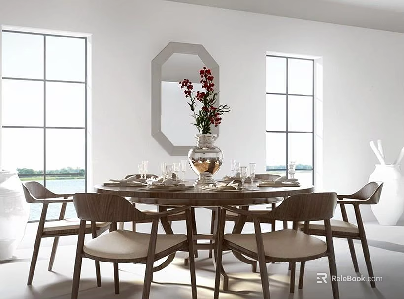 Modern Dining Table Set With Wooden Chairs Decorative Vase And Tableware By Windows 3d model 